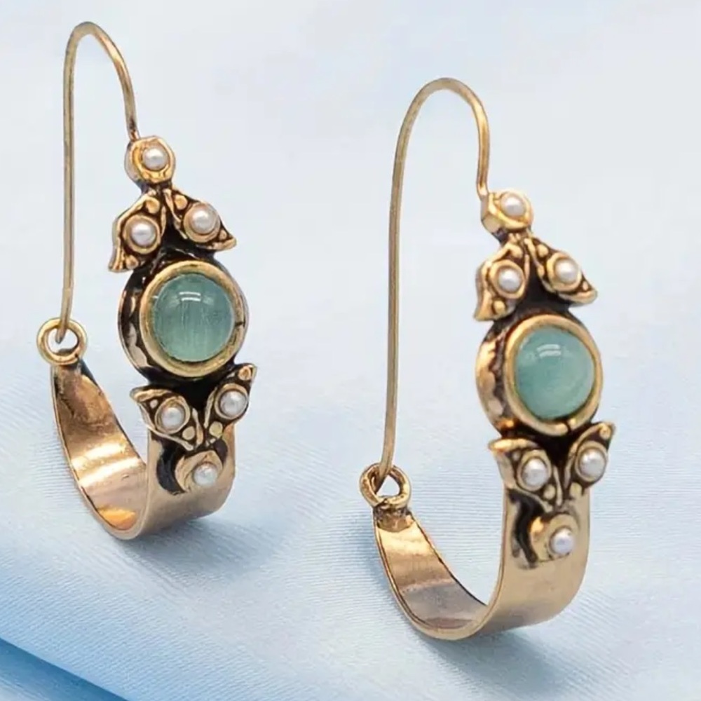 Vintage Ortica Tuscany Style Delicate Hoop Antique Gold Color, Pearl Earrings